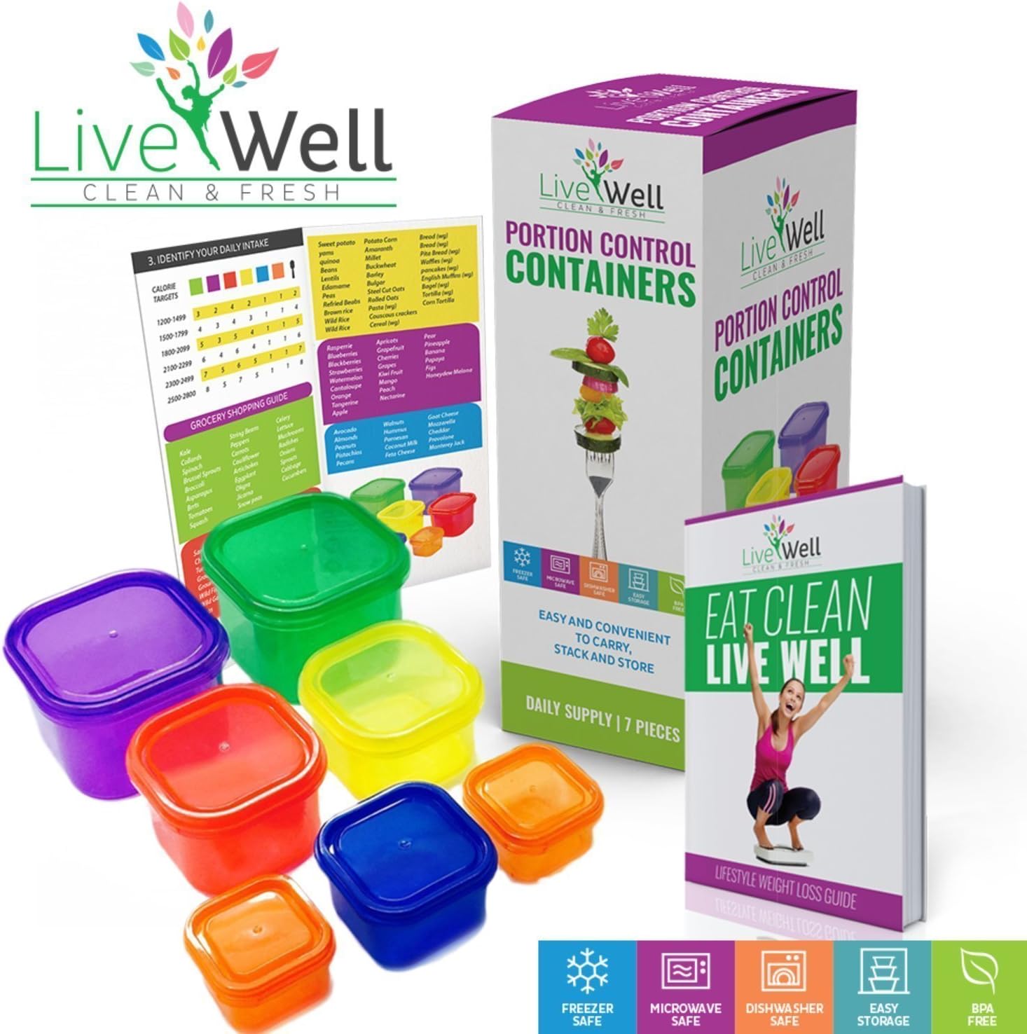 Portion Control Containers 7 Pieces Multi-Colored with BONUS GUIDE Planner & Recipes eBook - Comparable to 21 Day Fix - Diet & Weight Loss - Premium Quality