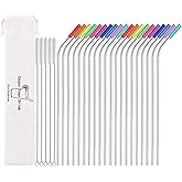 MUTNITT Set of 20 10.5" Reusable Stainless Steel Straws Bent Reusable Straws with 20 Silicone Tips 5 Cleaning Brush 1 Travel 