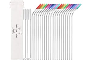 MUTNITT Set of 20 10.5" Reusable Stainless Steel Straws Bent Reusable Straws with 20 Silicone Tips 5 Cleaning Brush 1 Travel Case Eco Friendly Extra Long Metal Straws Drinking for 20 24 30 oz Tumbler