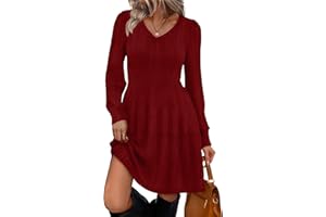 SAMPEEL Womens V Neck Long Sleeve Fall Dresses Baby Doll Casual Sweater Dress Fashion Clothes
