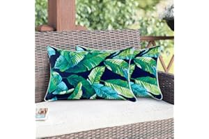 Magpie Fabrics Set of 2 Lumbar Throw Pillow with Insert 12x20 Inch, Outdoor Rectangular Waterproof Home Decorative Toss Cushion for Patio Garden Car Office - Green Lagoon Leaves