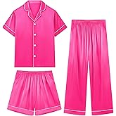 Weixinbuy Girls Pajamas Set Button Down Short Sleeve Pjs Satin Pajamas Sleepwear Lounge Set 3Pcs Pjs for Teen Kids Girls Boys