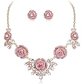BriLove Gorgeous Stunning Rhinestone Crystal Marquise Rose Flower Cluster Statement Necklace Stud Earrings Set for Wedding Party Prom Accessories