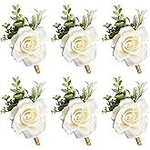 Gvhntk Ivory Rose Boutonniere for Men Wedding Set of 6 Groom Groomsmen Best Man Artificial Flowers Boutonniere for Wedding Ceremony Anniversary Prom Flowers Formal Dinner Party (6, White, Middle)