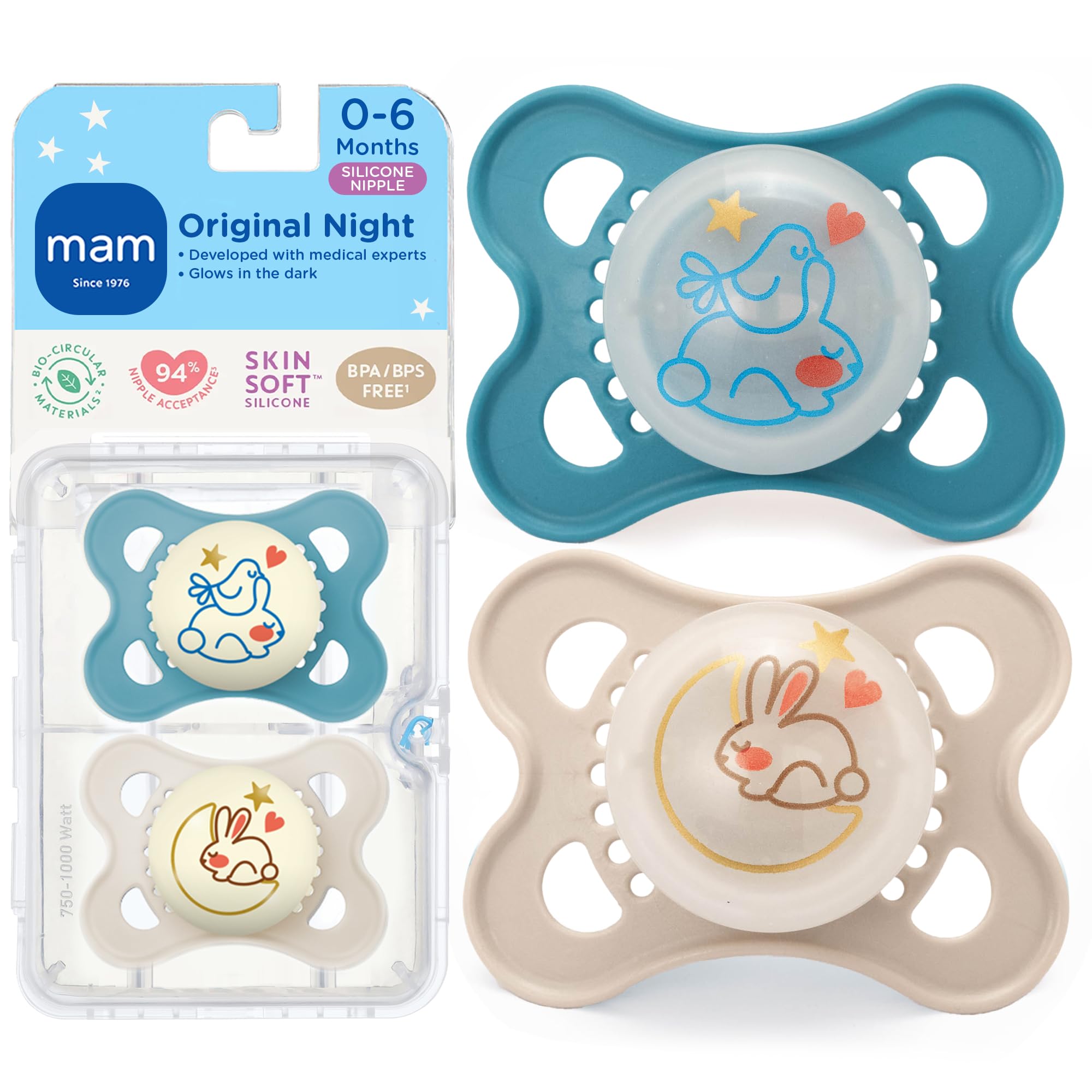 MAM Night Glow in the Dark Silicone Pacifier, Blue, 2-Count