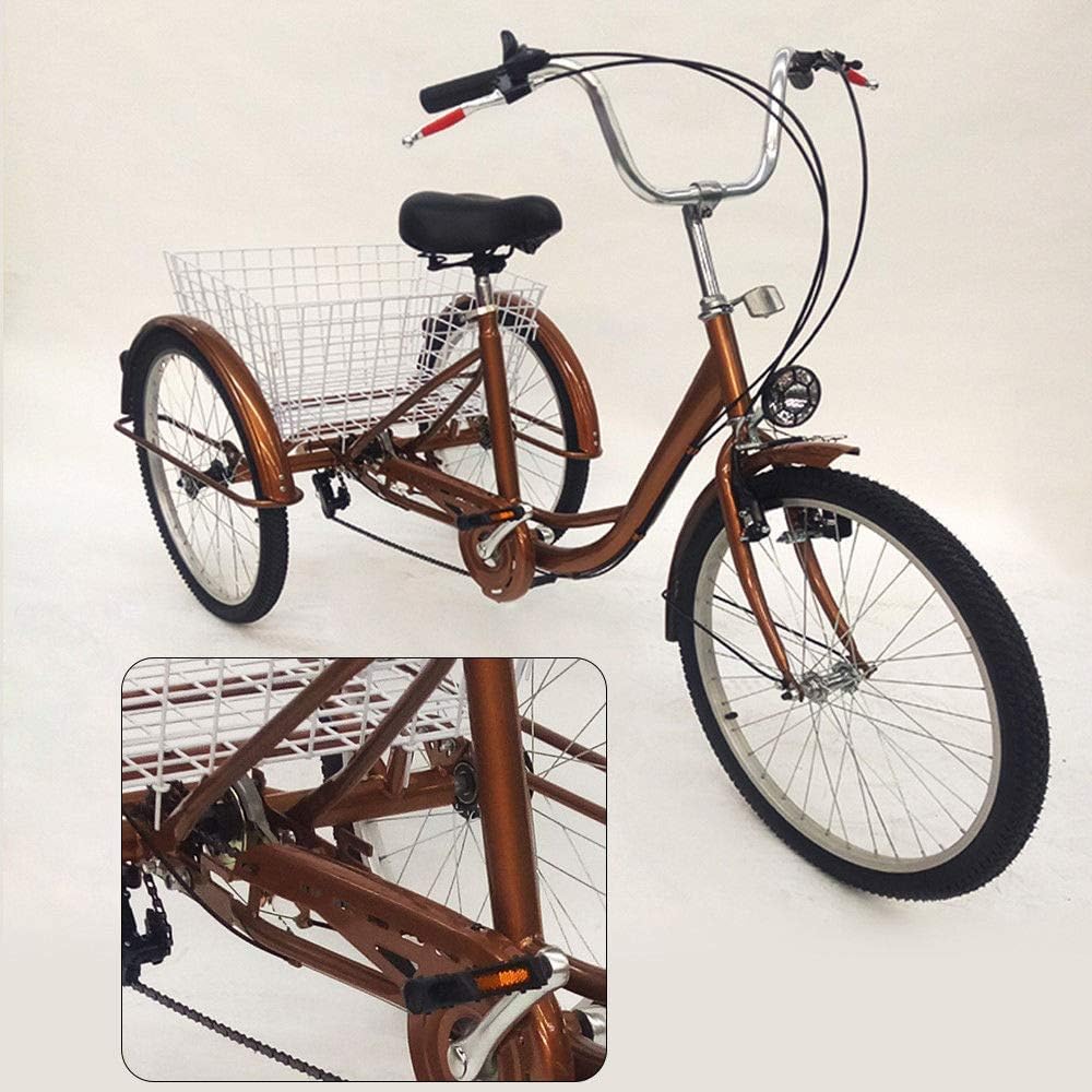 lqgpsx 24" 3 Wheel Adult Tricycle with Lamp 6 Speed Bicycle, Shopping Basket Trike Tricycle Pedal Cycling Bike, for Shopping Outdoor Picnic Sports