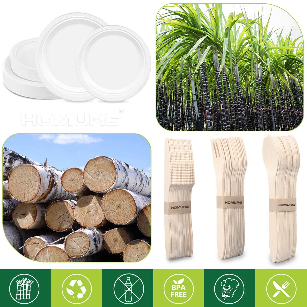 HOMURG Einweg Teller und Holz Besteck 30 Set, Einweggeschirr Set mit Dessertteller + Speiseteller + Gabel + Messer + Löffel 150 Stück, Party Geschirrset mit Pappteller und Holzbesteck für 30 Personen 8