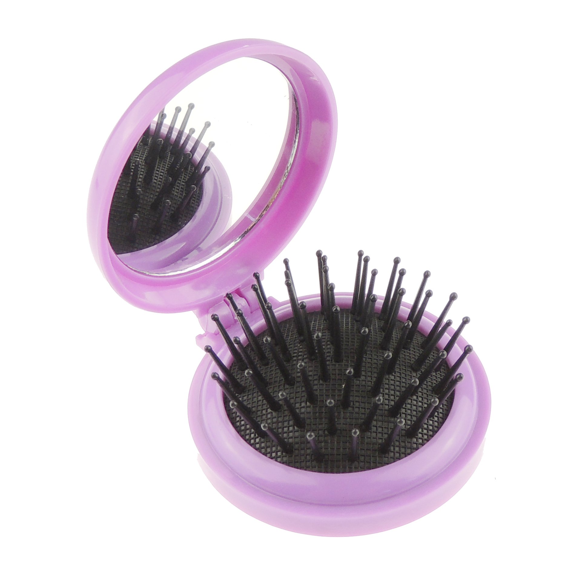 Glamour Girlz Ladies Girls Handbag Purse Pocket Round Compact Small Hair Brush Mirror (New Purple) — image 1