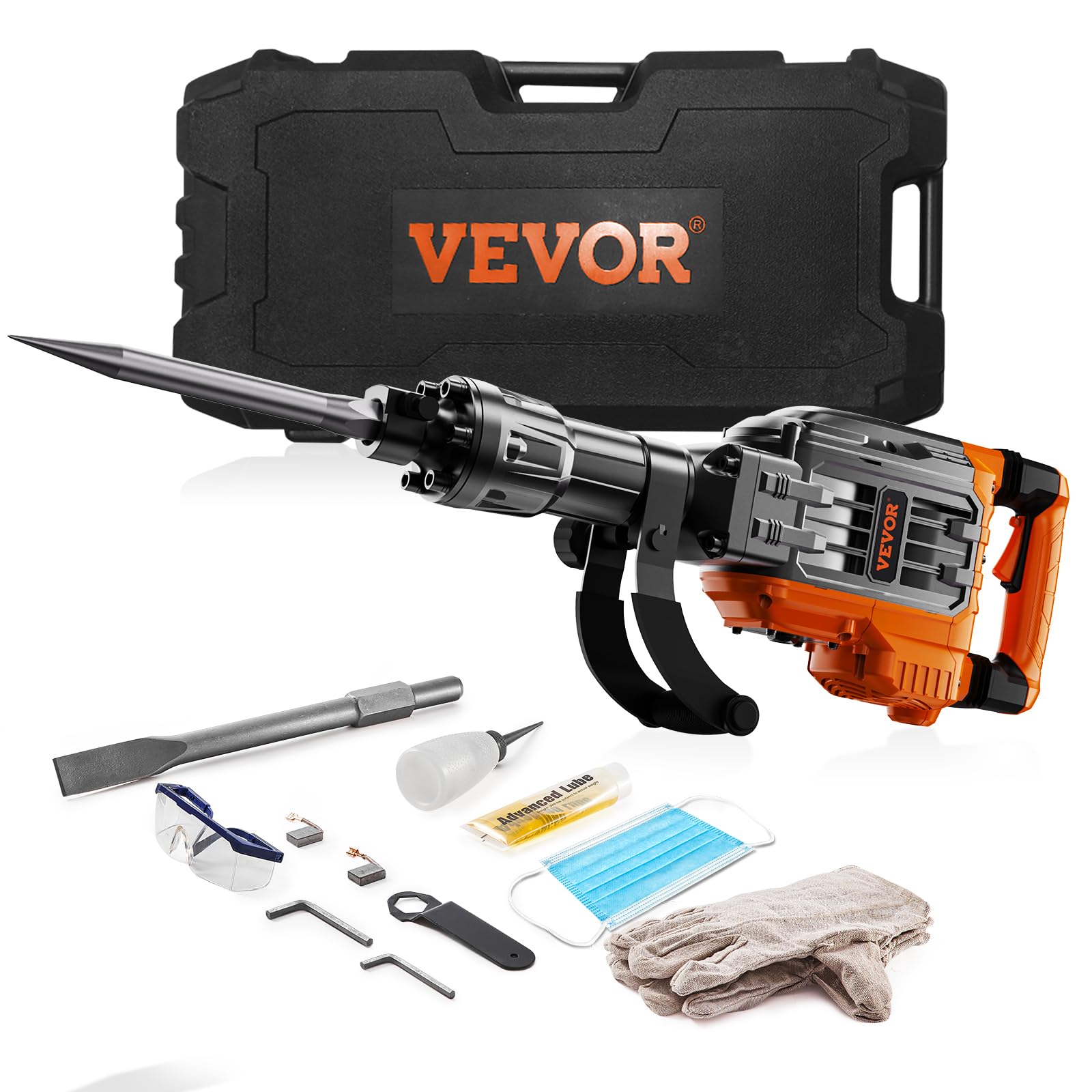 Photo 1 of ** USED / UNTESTED *** VEVOR 3500W Electric Demolition Hammer, 1900 BPM Durable Jack Hammer, Concrete Breaker with 2 Chisels, Gloves, and a 360° Rotatable Handle for Efficient Trenching, Black