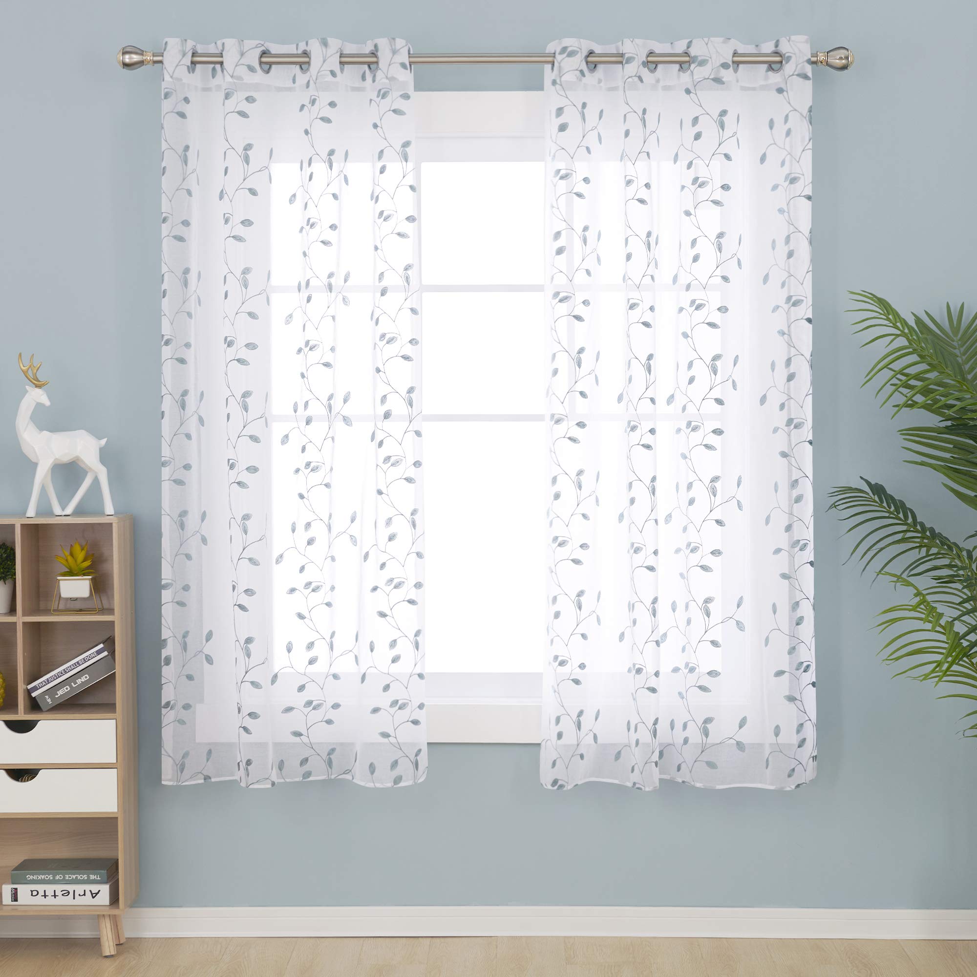 Deconovo Eyelet Faux Linen Net Curtains Embroidery Leaves Voile Curtains Super Soft Semi Sheer Curtains 55 x 69 Drop Inch Blue 1 Pair