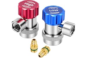DIKTALK 2PCS R134a Air Conditioning Quick Coupler Adapter,Adjustable 1/4 in High & Low Pressure Manifold Gauge Adapters and AC Hose Fittings for R134a Car AC System