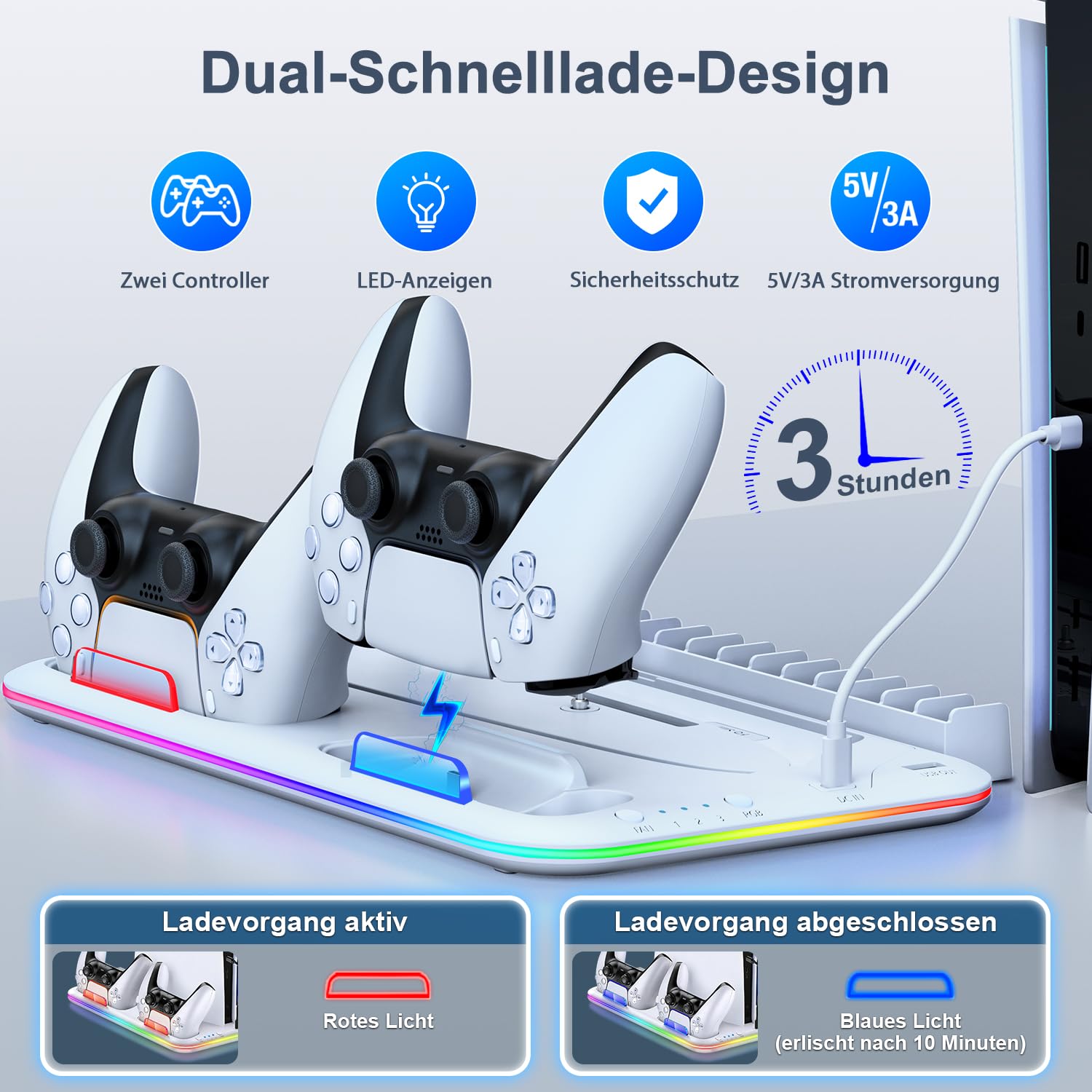 PS5 Stand Kühlständer für PS5/PS5 Slim/PS5 Pro, ps 5 ständer mit 3 Stufen Lüfter/RGB, Dual ps5 Controller Ladestation/Headset Halter/USB-Anschluss/15 Game-Slots, PS5-Zubehör,Weiß 4