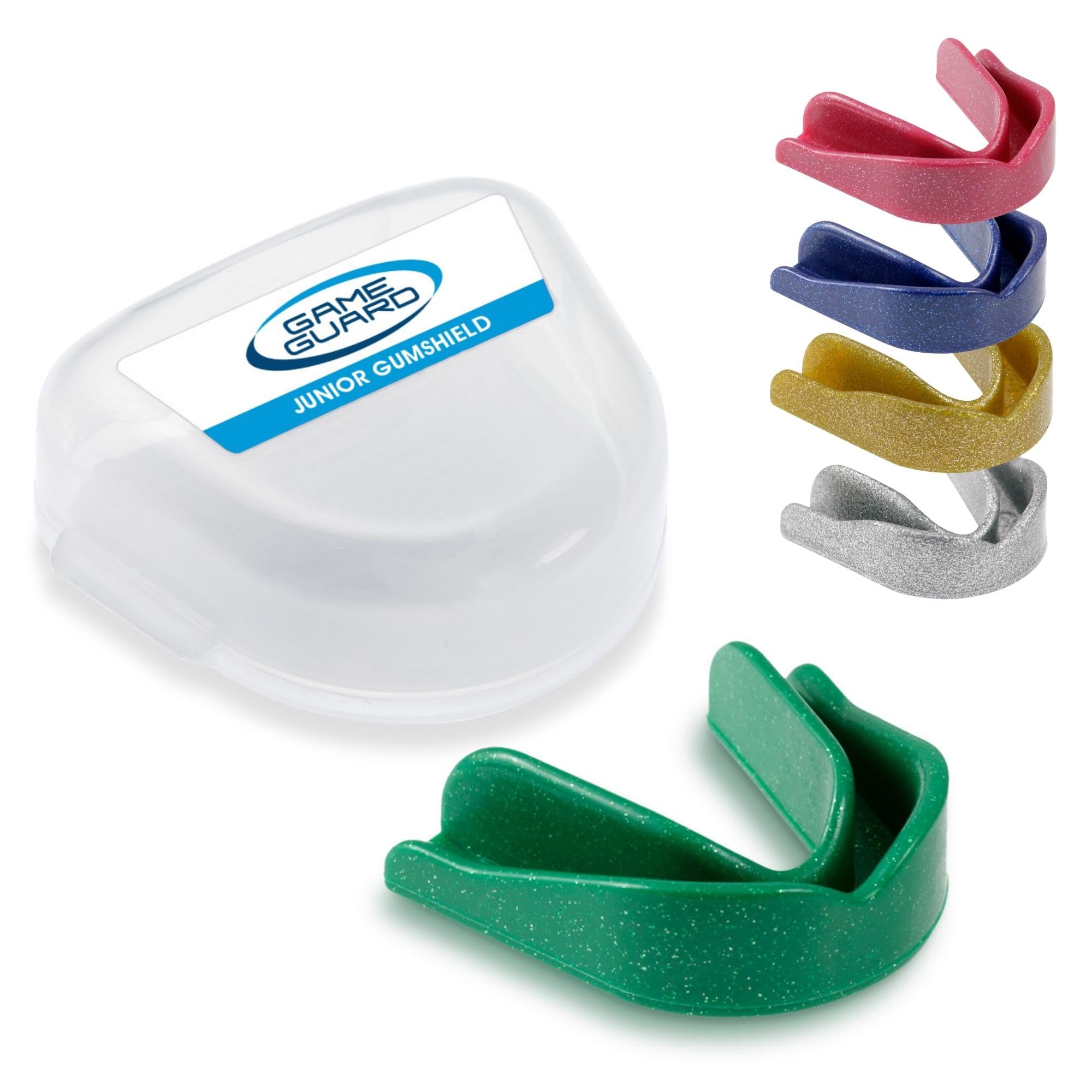 GAME GUARD 10-Pack Sports Mouthguards – Easy Fit Boil & Bite Gum Shields for Kids/Junior (Age 8+) – Mouth Guards for Rugby, Hockey, GAA – Ideal for Schools and Clubs (Assorted Sparkles)