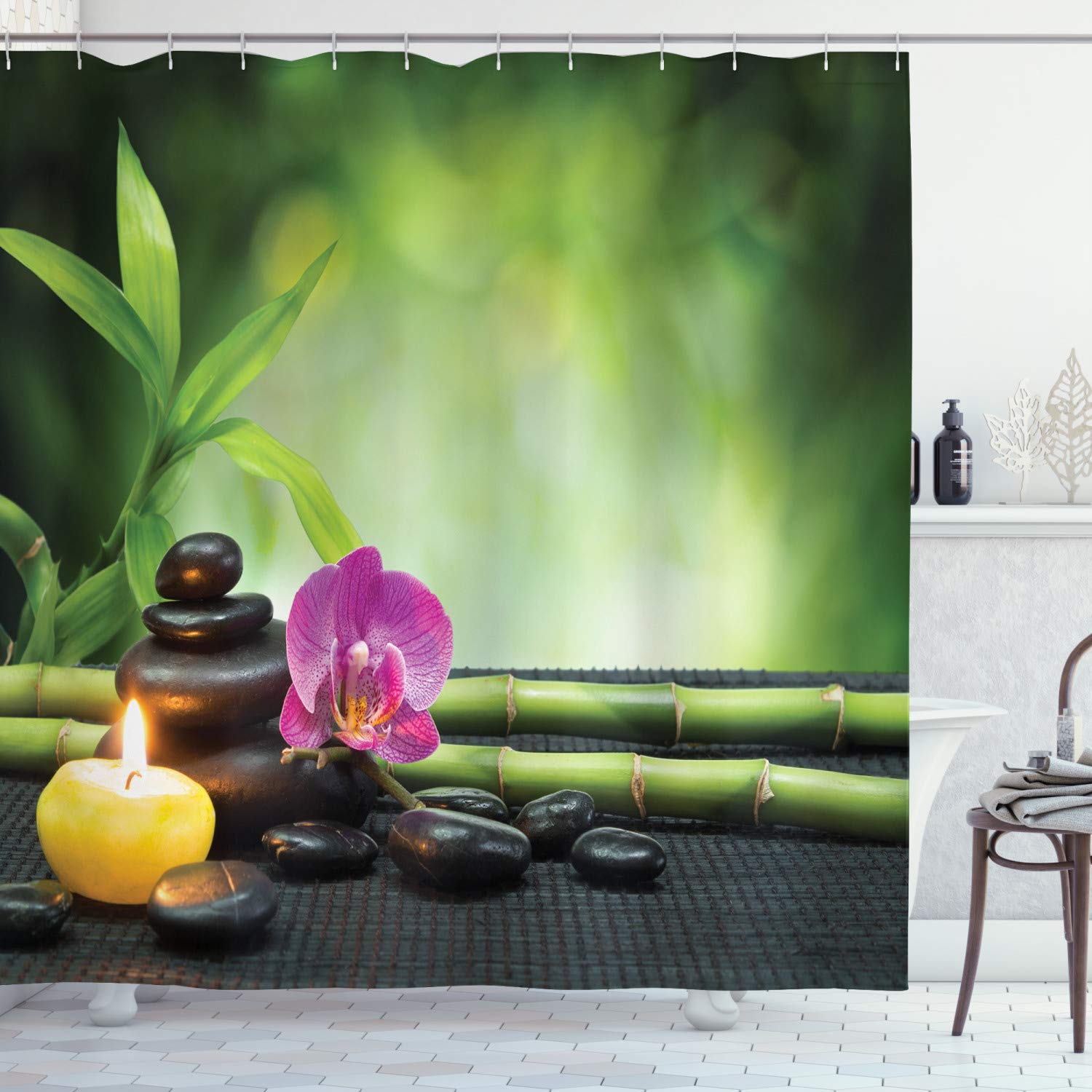 ABAKUHAUS Spa Shower Curtain, Orchid Bamboo Stems Chakra Stones Japanese Alternative Feng Shui Elements, Cloth Fabric Bathroom Decor Set with Hooks, 175 x 240 cm, Apple Green Purple Red