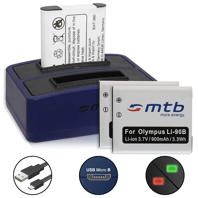 3 Akkus + Dual-Ladegerät (USB) für Olympus LI-92B, Li-90B | Olympus Tough TG-2, TG-3, TG-4, TG-5 | Actioncam TG Tracker | SH-