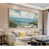 Sea Beach Framed Canvas Wall Art Vintage Seascape Canvas Prints Wall Decor Ocean Sailboat Sea Birds Coastal Nature Canvas Pictures Reed Painting Artwork Living Room Bedroom Decoration 20" x 40 "
