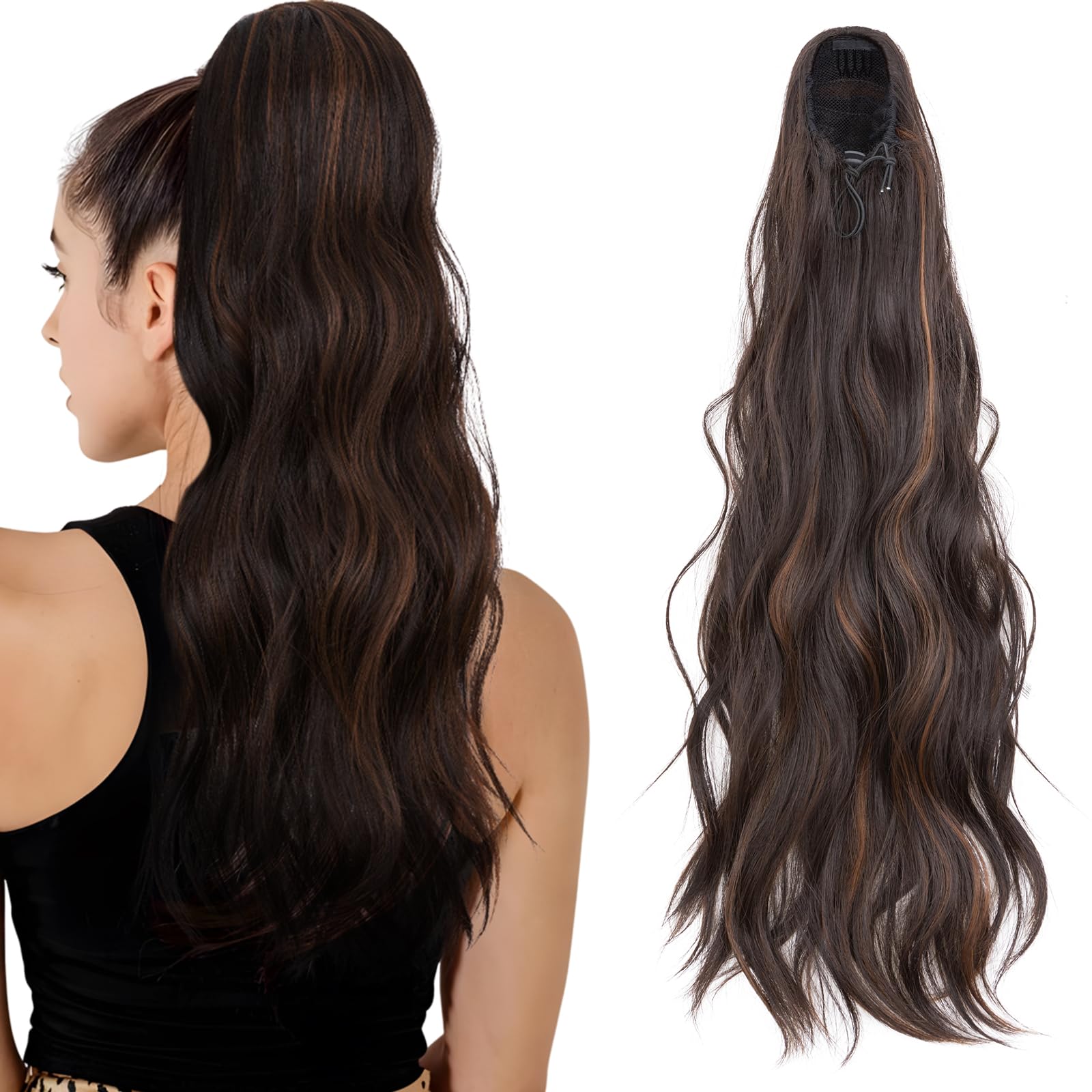 TESS Wavy Ponytail Extension, Drawstring Clip in Ponytail Hair Extensions, Long Hair Extensions, 26 Inches 120g, Dark Brown With Light Auburn Highlights — image 1