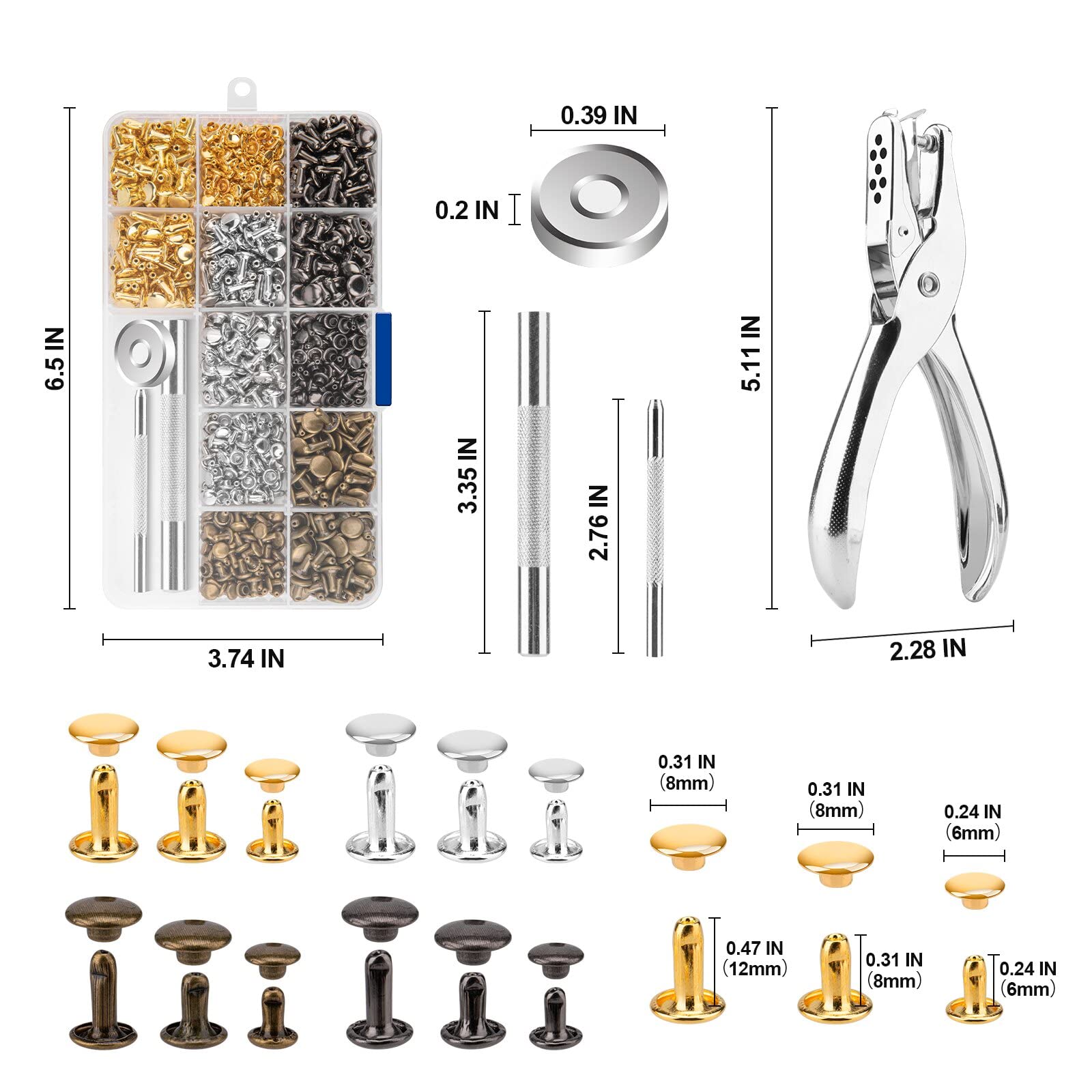 Siziviki 480 Sets Rivets for Leather, 4 Colors 3 Sizes Leather Rivets Kit, Double Cap Rivet with 4 Setting Tools, Suitable for Bags, Decoration