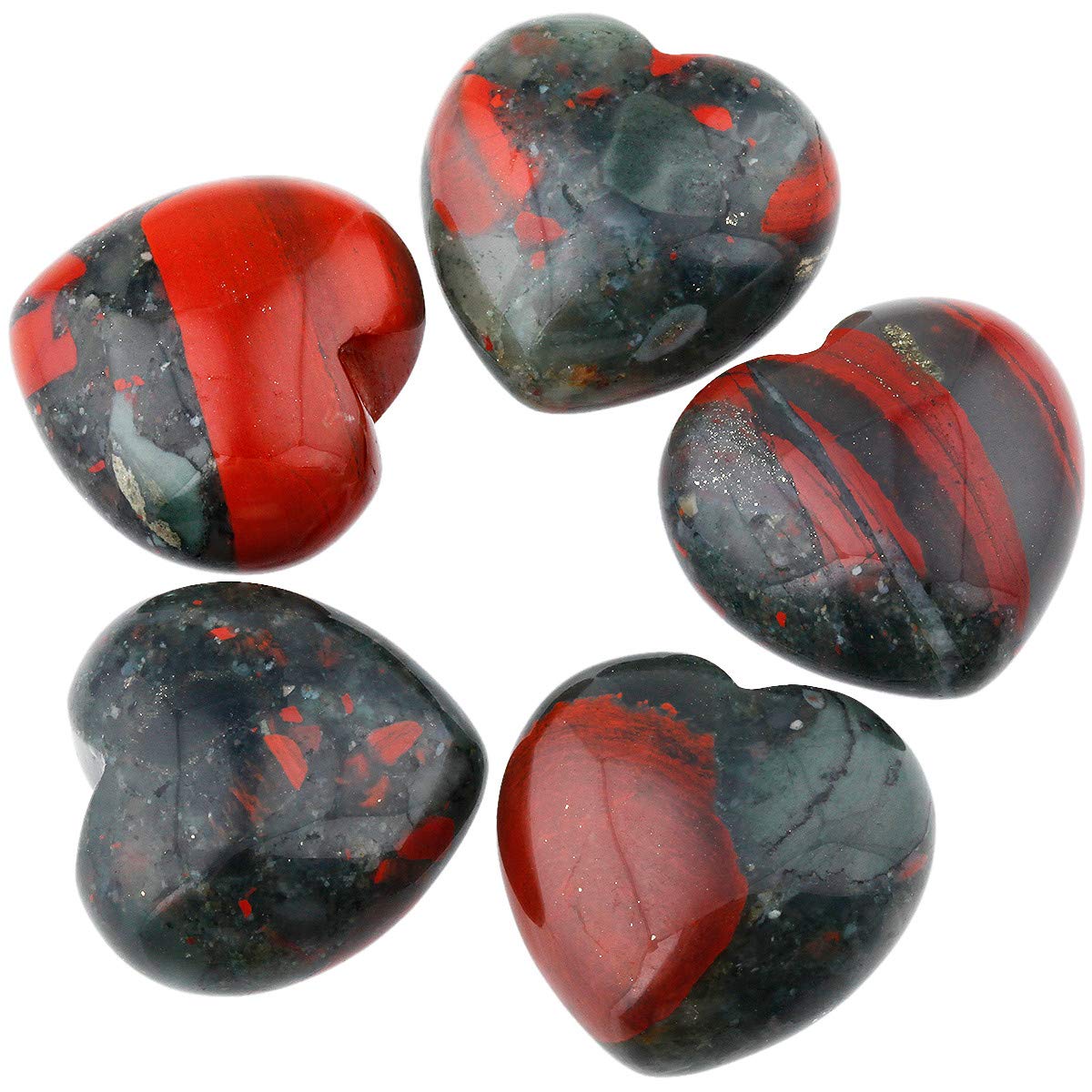 KYEYGWO African Bloodstone Puff Heart Healing Crystals Love Stone, Pocket Stones Palm Worry Stone for Reiki Meditation Balancing, 0.9" (pack of 5)
