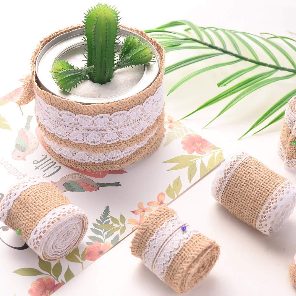 VGOODALL Juteband Spitzenband, Vintage Hessische Natürliche Sackleinen Band mit Weisse Spitzen für DIY Handwerk Hochzeit Party Weihnachten Deko (6 Rolle)