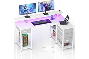 Seventable Gaming Desk with Drawers, 47.2 Inch L Shaped Desk with Storage Shelves, Small Office Desk with LED Lights & Power Outlets, White Corner Computer Desk with Monitor Stand for Bedroom