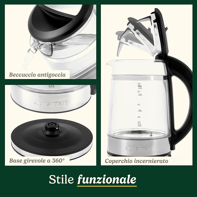Bollitore in vetro 1,7 L con controllo temperatura variabile, ebollizione rapida 3 kW, design doppia parete, beccuccio antigoccia, base girevole 360°, touch screen, senza BPA