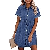 GRAPENT Denim Dress for Women Babydoll Tiered Short Sleeve Button Down Jean Shirt Dresses