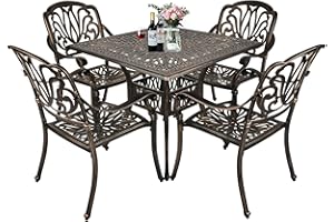 TITIMO 5-Piece Cast Aluminum Outdoor Patio Dining Set, 4 Pattern Chairs and 35.4" Square Table,Cast Aluminum Conversation Set with 2.2” Umbrella Hole (Without Cushions, 1 Square Table + 4 Chairs)