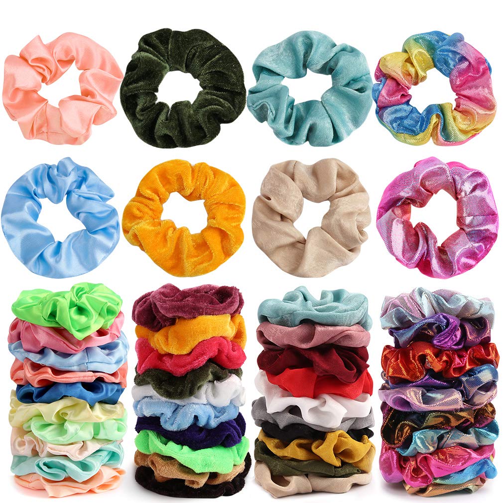 60 Pieces Hair Scrunchies Set, Velvet Scrunchies Satin Hair Scrunchies Shiny Metallic Scrunchies Elastic Hair Bands Scrunchies Bobbles Soft Hair Ties Ropes Ponytail Holder for Women Girls