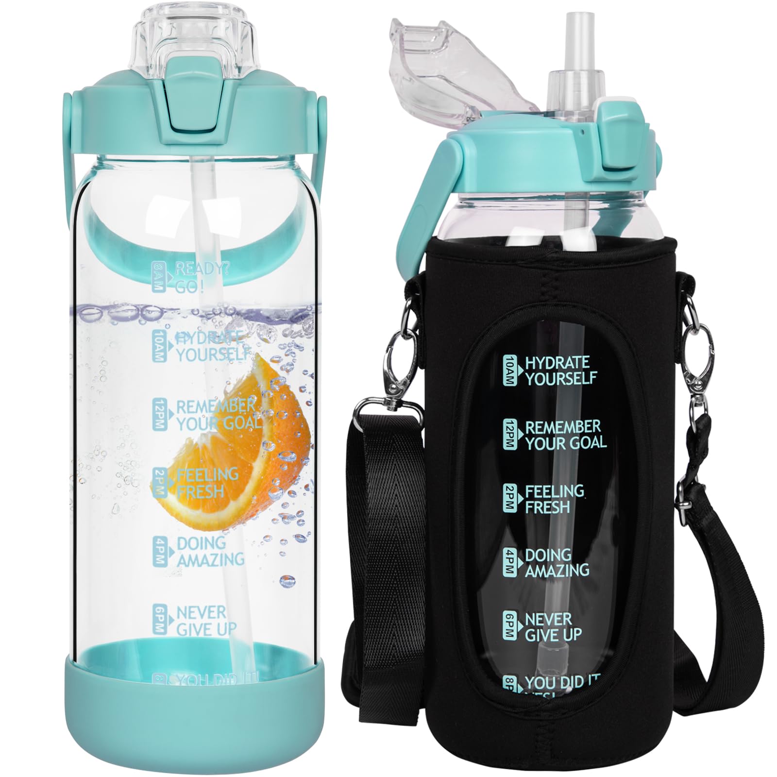 Seekua 1.5l Glass Water Bottle with Straw & Motivational Time Markings 1.5 litre Large Leakproof Gym Drinking Bottle