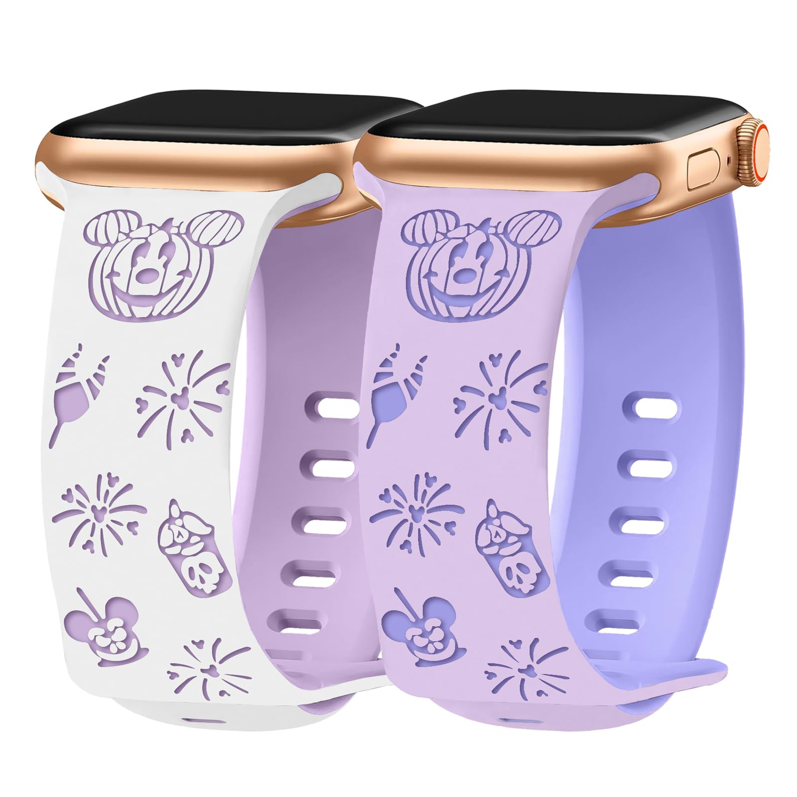 Kimiyaki 2 Pack Cartoon Engraved Bands for Apple Watch Band 38mm 40mm 41mm 42mm 44mm 45mm 46mm 49mm Women, Cute Two-Tone Soft Silicone Sport Strap for iWatch S10 9 8 7 6 5 4 3 2 1 SE Ultra
