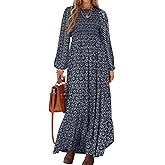 PRETTYGARDEN Women's Spring Dresses 2026 Long Sleeve Flowy Casual Floral Maxi Dress Crew Neck Smocked Tiered Long Dress