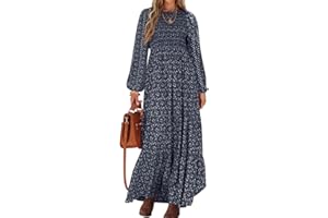 PRETTYGARDEN Women's Fall Dresses 2025 Long Sleeve Flowy Casual Floral Maxi Dress Crew Neck Smocked Tiered Long Dress