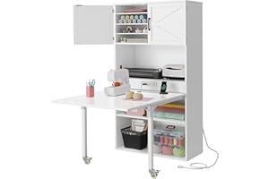 DWVO Sewing Craft Table with Storage, Craft Armoire with Fold-Out Table and USB Power Outlets, Large Capacity Sewing Cabinet with Expandable Desk, Adjustable Shelves for Home or Studio