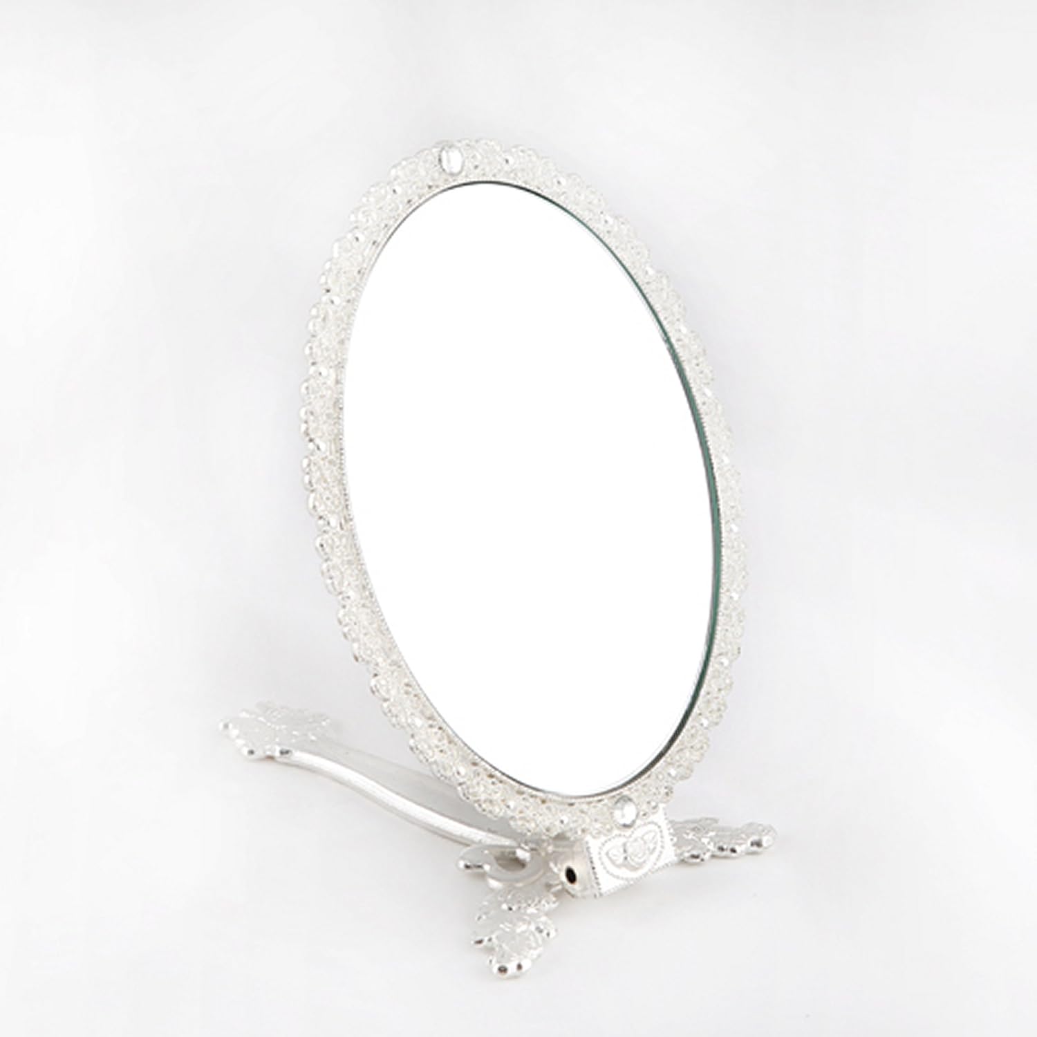 Butterfly Designed Double Sided Magnification Hand Held Makeup Metal Mirror Folding Handle Stand Travel Mirror (Large, Silver): Home & Kitchen