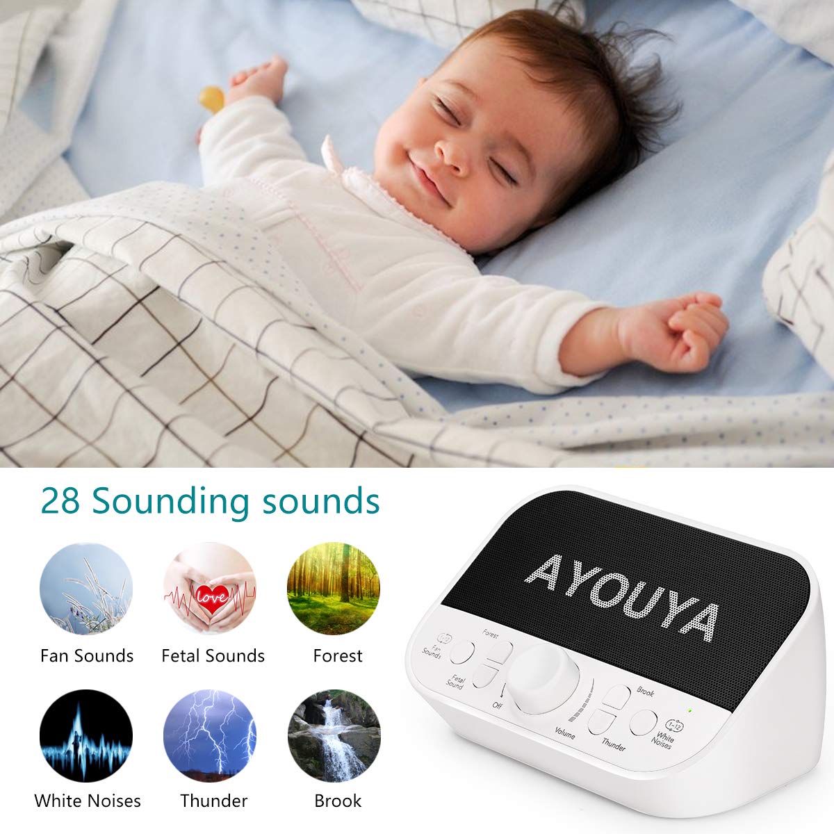 White Noise Machine, AYOUYA Sleep Therapy Machine 28 Soothing Natural Sound with 2×3W Speaker Sleep Timer Adjustable Volume Memory Function Headphone Jack for Light-Sleeper Baby Traveler