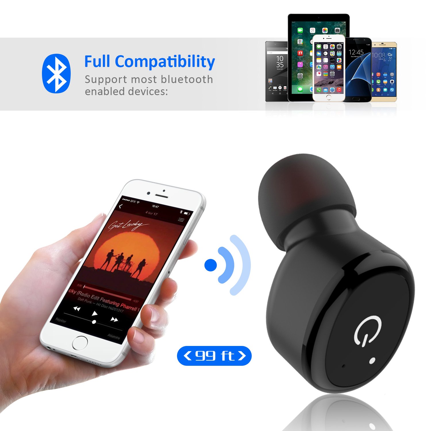 Wireless Single Bluetooth Earbud, W-LANDAY Bluetooth Earphone Microphone Noise Cancelling Car Headphone and Waterproof for Sport with 6 Hour Playtime for iPhone Samsung Android