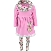 Unique Baby Girls Kids Toddler 3pc Outfit Set Long Sleeve Lace Trim Tunic Top Leggings and Scarf