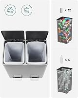SONGMICS Dual Rubbish Bin 2-Compartment 24 L Each with Lids Pedals view 5