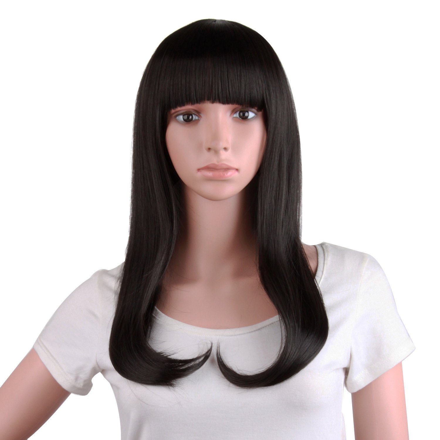 MapofBeauty 20 Inches/50cm Flat Bangs and Straight Hair Slightly Curled Wig (Black)