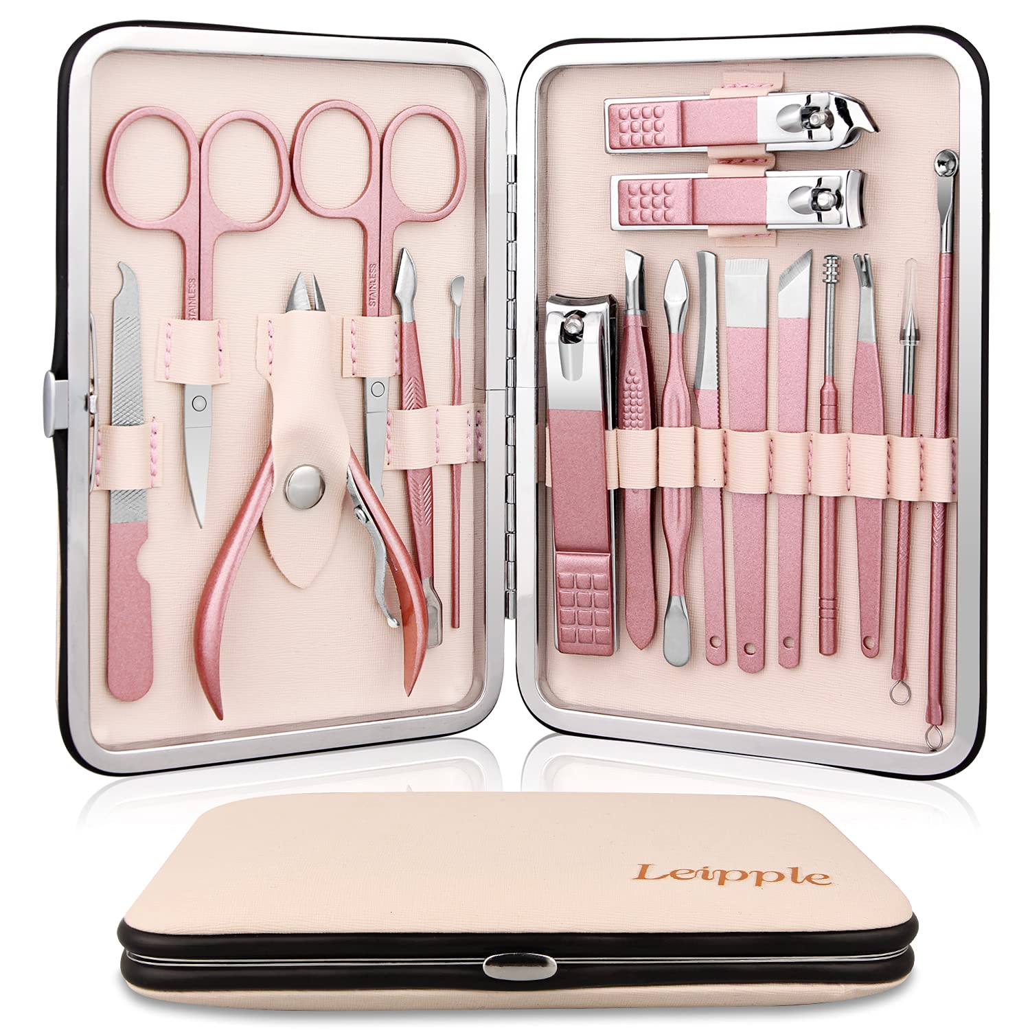 Manicure Set Professional Pedicure Nail Clippers Kit - 18 pcs Nail Care Tools - Grooming Kit with Luxurious Upgraded Travel Case (Beige/Pink)
