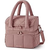 BAGSMART Lunch Bag Women, Double Deck Insulated Lunch Box, Quilted Puffer Lunch Tote, Leakproof, Durable & Reusable Large Lunch Cooler For Work Picnic Travel Meal Prep, Dark Pink