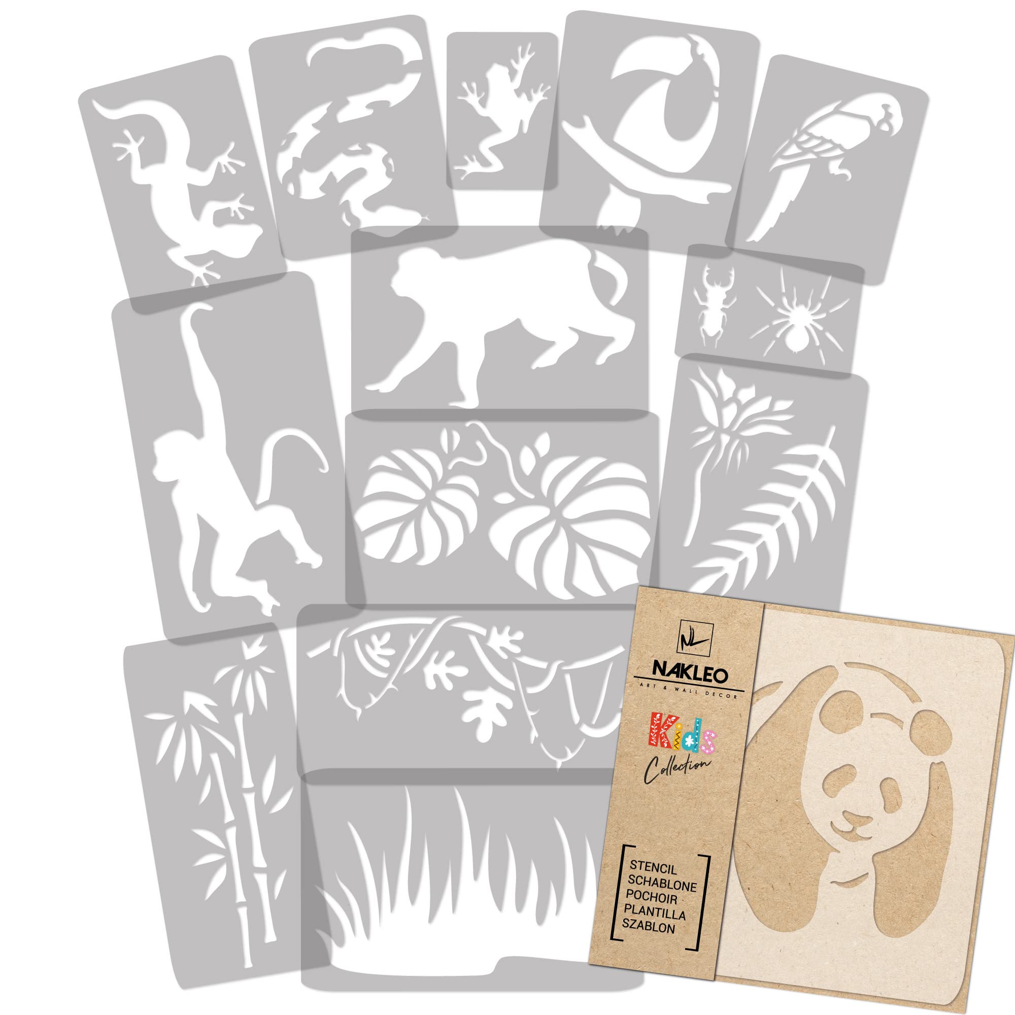NAKLEO Painting Stencils Set for Nursery Room, 14 Pcs Templates 9x12 to 23x34cm Jungle Animals, Plastic and Reusable Drawing Stencils, Decor, Craft DIY Wall Furniture