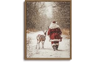 KISSFOX Vintage Christmas Santa Deer Framed Wall Art Snowy Forest Canvas Art Rustic Cottage Paintings Art Prints Modern Farmhouse Pictures Wall Decor For Kitchen Bedroom Living Room
