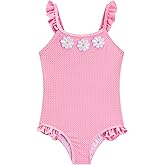 LIZENS One Piece Swimsuit for Girls, Pink Beach Swimwear with Floral Embroidered Ruffled, Bathing Suit for Kids 2-12