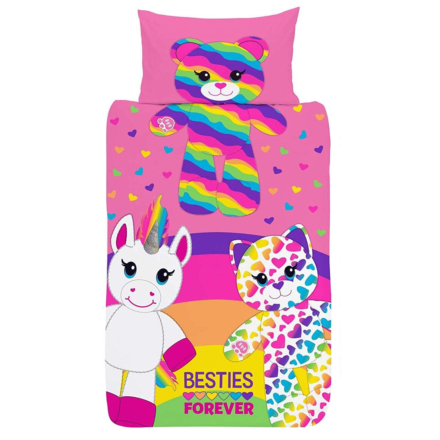 Build A Bear Besties Forever Single Duvet Cover - Reversible Bedding Set - Rainbow Squad Teddy Bear, Unicorn & Cat - Polycotton