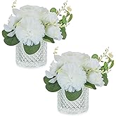NUPTIO Small Fake Flower in Vase: 2 Pcs Silk Artificial Flowers with Clear Glass Vases for Living Room Bathroom Office Decor - Faux Rose Mums Floral Arrangements Wedding Dining Table Centerpiece