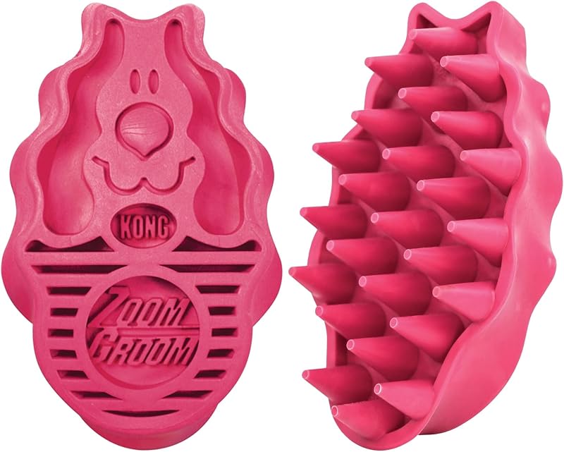 KONG ZoomGroom Red Dog Brush for Grooming and Shampooing for Large Dogs
