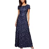Alex Evenings Women's Long Rosette Mother of The Bride Dress with Short Sleeves