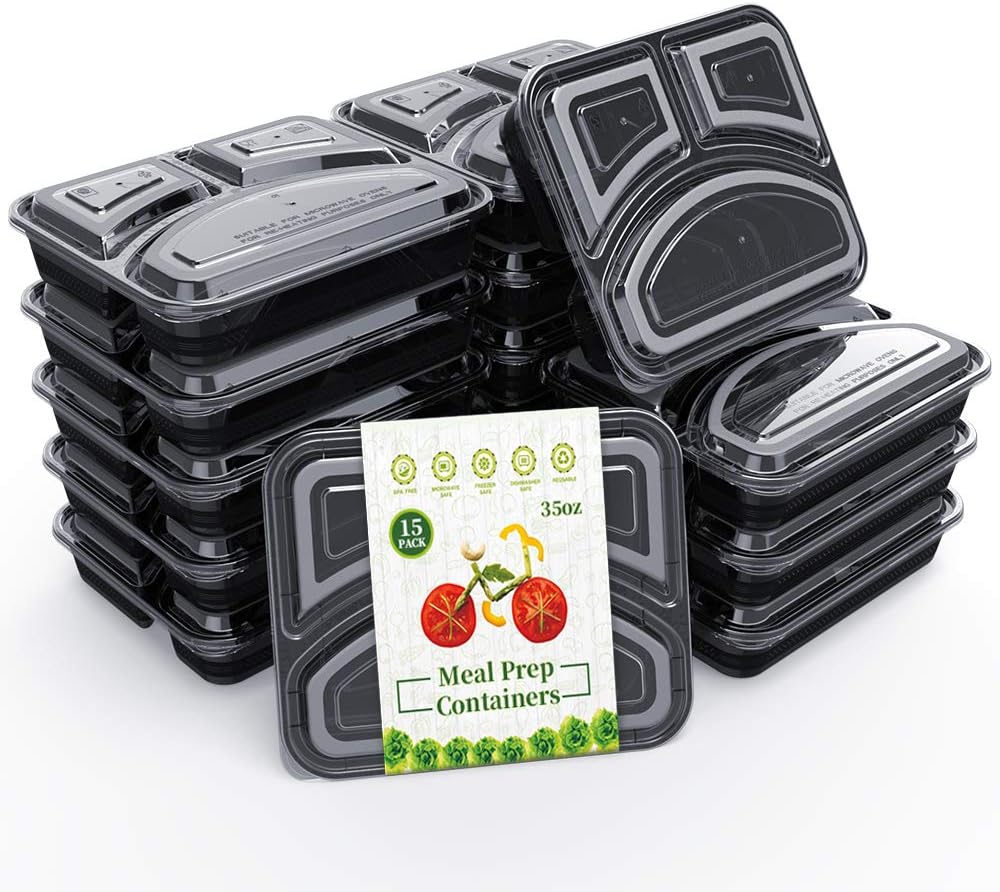 [15 Pack] 3 Compartment Meal Prep Containers BPA Free Portion Control Bento Boxes (35 Oz.)